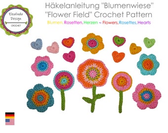 Häkelanleitung, Blumen, Häkelblumen, Herzen, Rosetten, Häkel-Buttons, Stengel, Blätter, Lollipop Blumen, PDF, Sofortdownload