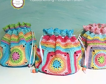 Crochet Pattern Treasure Bag, Little Granny Square Pouch, Sewing Tutorial included, PDF English (US terms)