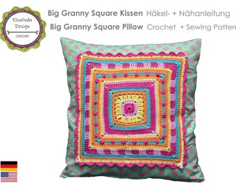 Häkelanleitung Kissen Big Granny Square, Quadratkissen, Stoffkissen mit Häkelapplikation, Granny-Square-Kissen, inkl. Nähanleitung, PDF