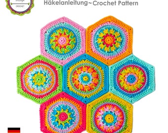 Häkelanleitung, Granny Square, Sechseck, Hexagon CRYSTAL, viele Bilder, anfängertauglich, PDF