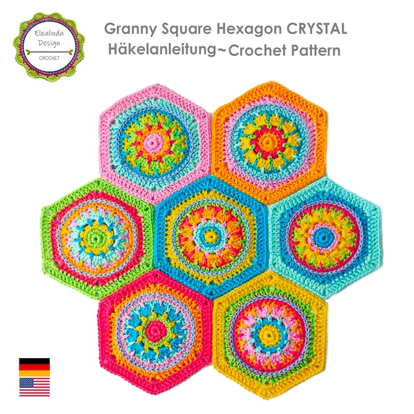 Häkelanleitung, Granny Square, Sechseck, Hexagon CRYSTAL, viele Bilder, anfängertauglich, PDF