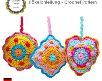 Crochet Pattern for Decorative Boho Style Pendants Pincushion Bag hanger in 3 Shapes: Heart Square Circle, PDF (US terms) instant download