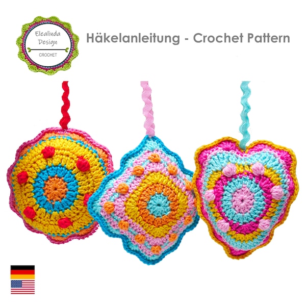 Crochet Pattern for Decorative Boho Style Pendants Pincushion Bag hanger in 3 Shapes: Heart Square Circle, PDF (US terms) instant download