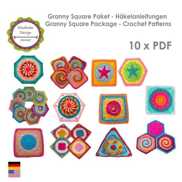 Crochet pattern package, Granny Squares, Bestseller patterns, all shapes, Square, Hexagon, Octagon, Triangle, PDF, ENGLISH (US terms)