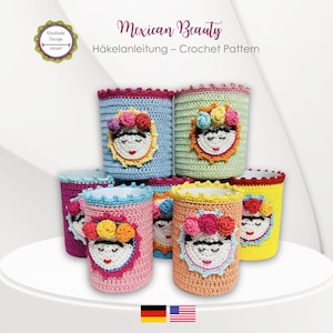 Crochet Pattern Can Covers "Mexican Beauty" applique + russian doll patch, Upcycling Project