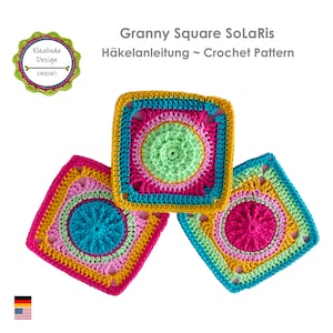 May include: Three colorful granny square crochet motifs in pink, yellow, green, blue and turquoise. The granny squares have a central circle with a smaller circle inside. The squares are arranged in a triangular shape.