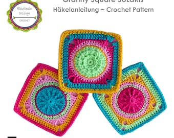 Häkelanleitung Granny Square, Häkelquadrat mit Reliefmuster, 3 verschiedene Designs in einem, PDF Anleitung, Häkelquadrat, Sofort Download