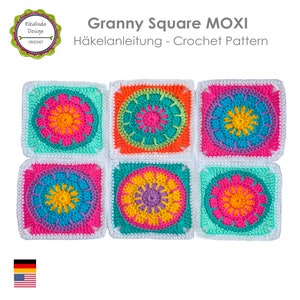 May include: Six colorful granny square crochet motifs with a white border. Each square features a different color combination of pink, orange, yellow, green, blue, and purple.