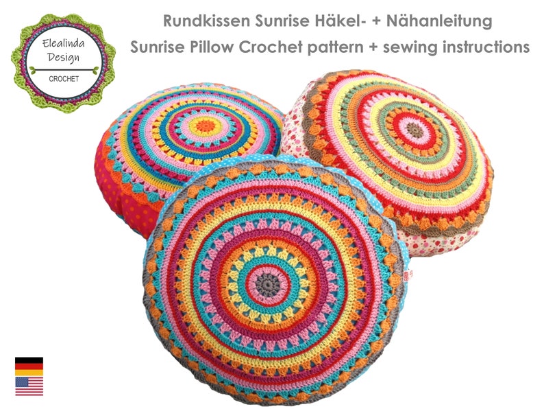 Crochet Pattern Round Cushion SUNRISE, Cushion With Crochet Application, incl. Sewing instructions PDF US terms image 10