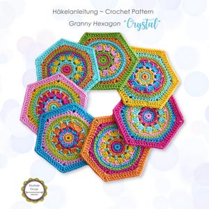 May include: Six colourful crochet granny hexagon motifs arranged in a circle. The text reads Häkelanleitung Crochet Pattern Granny Hexagon Crystal. Each hexagon features a central circular design with concentric rings in shades of pink, yellow, blue, green, and orange. A small logo in the bottom left corner reads Elealinda Design Crochet.