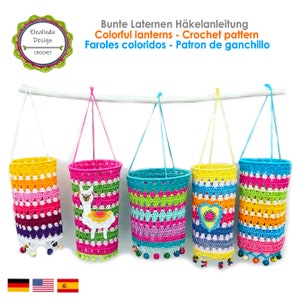 Crochet Pattern, Colorful Boho lantern, Incl. Alpaca Applique, Crochet Tutorial, PDF English (US terms) + Espagnol