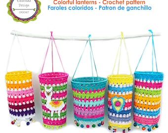 Crochet Pattern, Colorful Boho lantern, Incl. Alpaca Applique, Crochet Tutorial, PDF English (US terms) + Espagnol