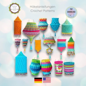 Crochet patterns for Lanterns, Lampions and Lampshades, 9 Colorful Boho Style Crochet Tutorials for Gardens & Homes, PDF Guide 136 pages