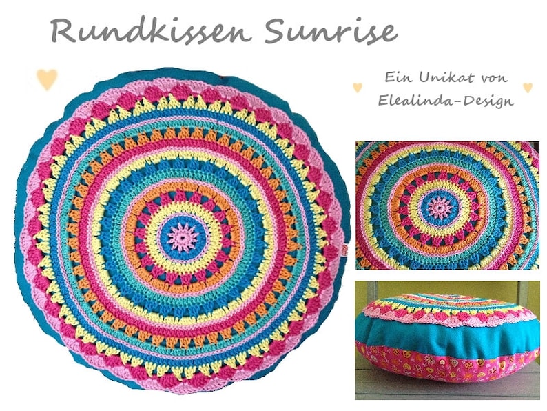 Crochet Pattern Round Cushion SUNRISE, Cushion With Crochet Application, incl. Sewing instructions PDF US terms image 4