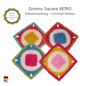 Könnte beinhalten: Vier bunte Granny Square Häkelmuster mit unterschiedlichfarbigen Mittelpunkten. Die Quadrate sind in einer Diamantform angeordnet. Das Muster heißt "Granny Square RETRO" und der Text "Häkelanleitung ~ Crochet Pattern" ist ebenfalls enthalten.