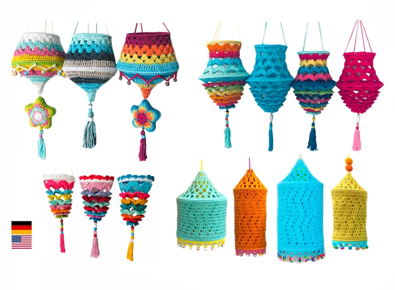 Crochet pattern package Lanterns, Lampions and Lampshades, 9 Colorful Boho Style Crochet Patterns for Gardens & Homes, PDF Guide 136 pages image 3
