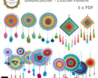 Crochet pattern Dreamcatchers, 5 x PDF (Zip file), Pattern package, Bestseller patterns, Dream Catcher, Boho Living, ENGLISH (US terms)