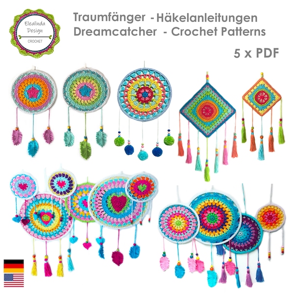 Crochet pattern Dreamcatchers, 5 x PDF (Zip file), Pattern package, Bestseller patterns, Dream Catcher, Boho Living, ENGLISH (US terms)