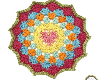 Gehäkeltes Mandala, Herz in der Mitte, buntes Mandala, Aufnäher, Applikation gehäkelt, Häkelapplikation, für Kissen, Taschen, Untersetzer