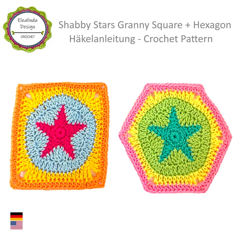 Häkelanleitung, Stern Quadrat, Granny Square mit Sternmotiv, Shabby Stars, Stern, Hexagon, Sechseck, PDF, Download Bild 1