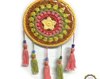 Traumfänger gehäkelt mit Stern Motiv, Dreamcatcher "Stern", Dekoration für Kinderzimmer, Sternchen Erinnerung, Wohndeko, Durchmesser 15 cm