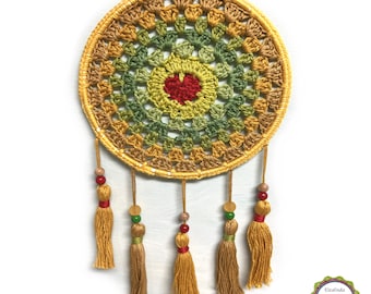 Traumfänger gehäkelt mit Herz Motiv, Dreamcatcher Herz, Dekoration für Kinderzimmer, Schlafzimmer Deko, Liebe Wohndeko, Durchmesser 15 cm