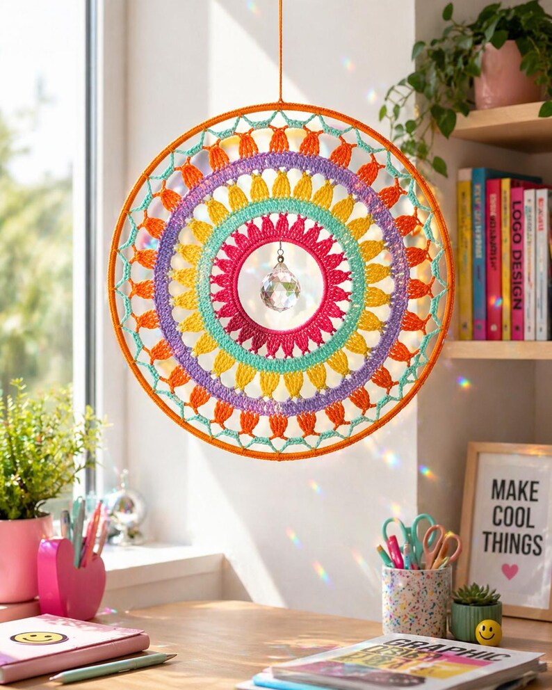 May include: A circular wall hanging featuring a vibrant, multi-colored crochet mandala pattern in orange, purple, yellow, and teal. A clear, faceted crystal prism hangs from the center of the hoop, suspended by a thin string from the top frame.