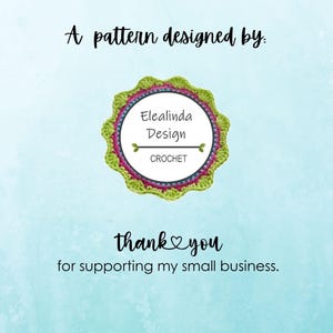 May include: A circular crochet motif with lime green, pink, and blue yarn borders surrounding a white center. The text reads: A pattern designed by: Elealinda Design CROCHET, thank you for supporting my small business.