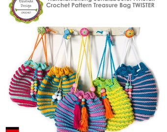 Crochet Pattern Treasure Bag, Design: Twister, Hodgepodge Bag, Crochet bag, Boho bag, Crochet Tutorial, English (US terms), Instant Download