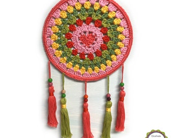 Traumfänger gehäkelt mit Herz Motiv, Dreamcatcher Herz, Dekoration für Kinderzimmer, Schlafzimmer Deko, Liebe Wohndeko, Durchmesser 15 cm