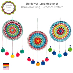 Crochet Pattern Dreamcatcher Starflower, Crocheted Mandala Tutorial, Boho Home decor crochet, PDF US Terms
