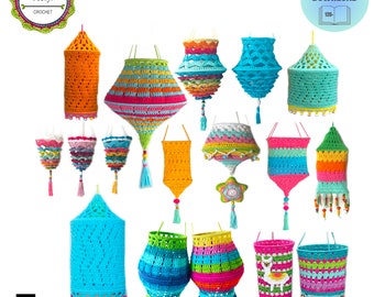 Crochet pattern package Lanterns, Lampions and Lampshades, 9 Colorful Boho Style Crochet Patterns for Gardens & Homes, PDF Guide 136 pages