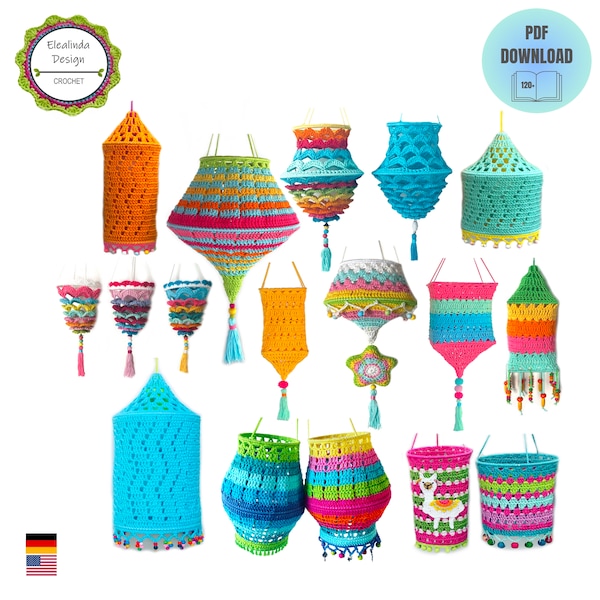 Crochet pattern package Lanterns, Lampions and Lampshades, 9 Colorful Boho Style Crochet Patterns for Gardens & Homes, PDF Guide 136 pages