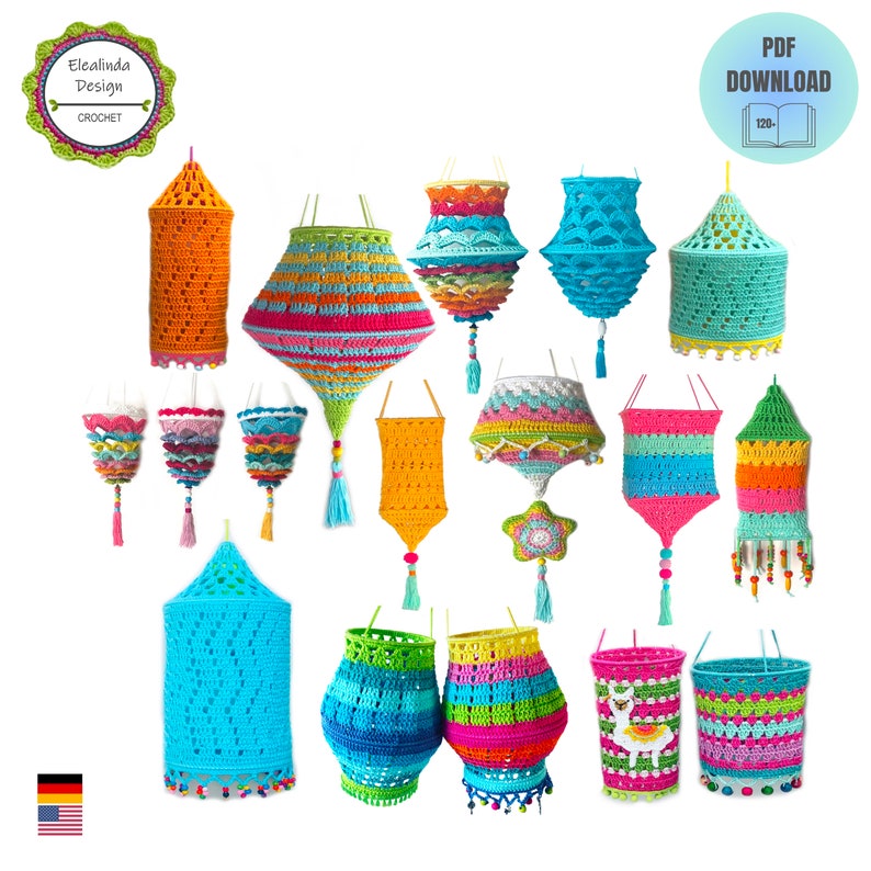 Crochet pattern package Lanterns, Lampions and Lampshades, 9 Colorful Boho Style Crochet Patterns for Gardens & Homes, PDF Guide 136 pages image 1