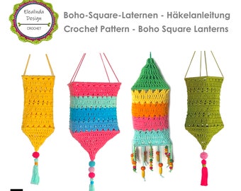 Crochet pattern, Boho Square Lantern, lampion, garden light, lamp, square, summer decoration, lampshade, US-terms, PDF