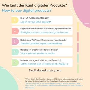 K&ouml;nnte beinhalten: Eine Schritt-f&uuml;r-Schritt-Anleitung zum Kauf digitaler Produkte auf Etsy. Die Anleitung ist sowohl in Englisch als auch in Deutsch verfasst. Die Anleitung enth&auml;lt Informationen zum Anmelden bei Ihrem Etsy-Konto, zum Hinzuf&uuml;gen eines digitalen Produkts zu Ihrem Warenkorb, zum Herunterladen der Dateien und zum Anzeigen oder Drucken der Dateien. Die Anleitung enth&auml;lt auch Informationen zum Zugriff auf Ihre Downloads, wenn Sie ein Gast sind oder nicht bei Ihrem Etsy-Konto angemeldet sind.