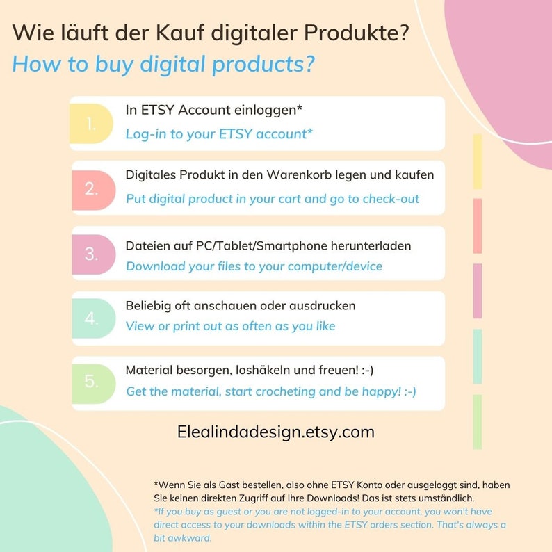 K&ouml;nnte beinhalten: Eine Schritt-f&uuml;r-Schritt-Anleitung zum Kauf digitaler Produkte auf Etsy. Die Anleitung ist sowohl in Englisch als auch in Deutsch verfasst. Die Anleitung enth&auml;lt Informationen zum Anmelden bei Ihrem Etsy-Konto, zum Hinzuf&uuml;gen eines digitalen Produkts zu Ihrem Warenkorb, zum Herunterladen der Dateien und zum Anzeigen oder Drucken der Dateien. Die Anleitung enth&auml;lt auch Informationen zum Zugriff auf Ihre Downloads, wenn Sie ein Gast sind oder nicht bei Ihrem Etsy-Konto angemeldet sind.