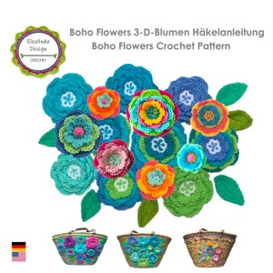 Crochet Pattern Boho Flowers, Crocheted Flowers in different sizes, Floral Decoration, 3-dimensional flowers, Tutorial PDF (US terms)