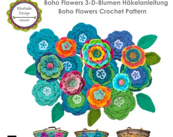 Crochet Pattern, Boho Flowers, Crochet Flowers, Floral Decoration, 3-dimensional flowers, Written Tutorial, PDF ENGLISH (US terms)