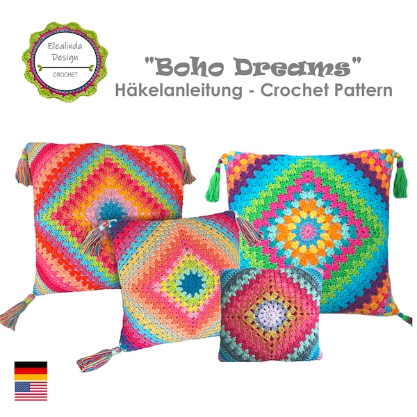 Häkelanleitung Kissen, Boho Dreams Kissen, Hippie Kissen Häkelanleitung, Retro Kissen häkeln, Häkelkissen, Dekokissen, Boho-Kissen, PDF