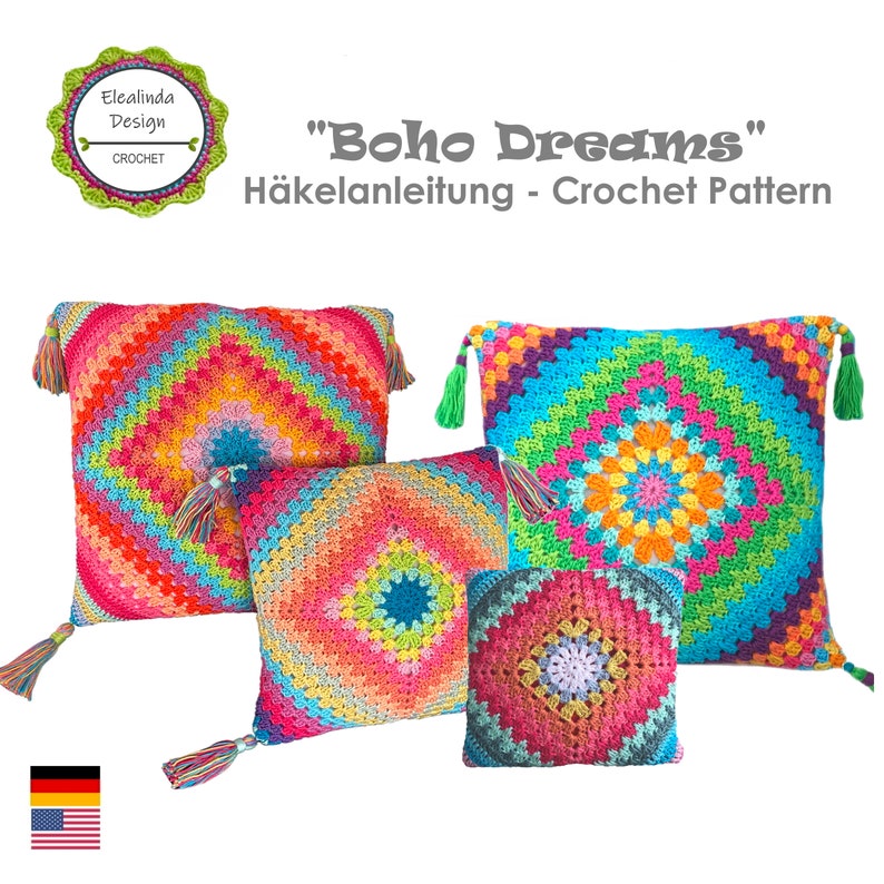 Crochet Pattern Pillow, Cushion Retro, Crochet Tutorial, Boho Dreams Cushion, Granny Square Cushion, any size and yarn, PDF US terms image 1