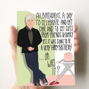 May include: A humorous birthday card featuring a cartoon illustration of a man with a surprised expression. The card reads "Ah, birthdays. A day to celebrate and eat cake and to get gifts from friends & family. Yes, it was going to be a very happy birthday... or was it?" with a bloody knife and a pink cake with candles on a table.