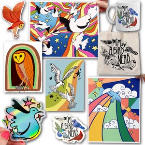 May include: A set of colorful bird-themed illustrations and stickers. The illustrations feature birds flying in a rainbow sky with stars. The stickers feature a blue bird with a rainbow, a brown owl, and a white dove. The set also includes a tote bag with the text "I'm a bird nerd" and a mug with the same text.