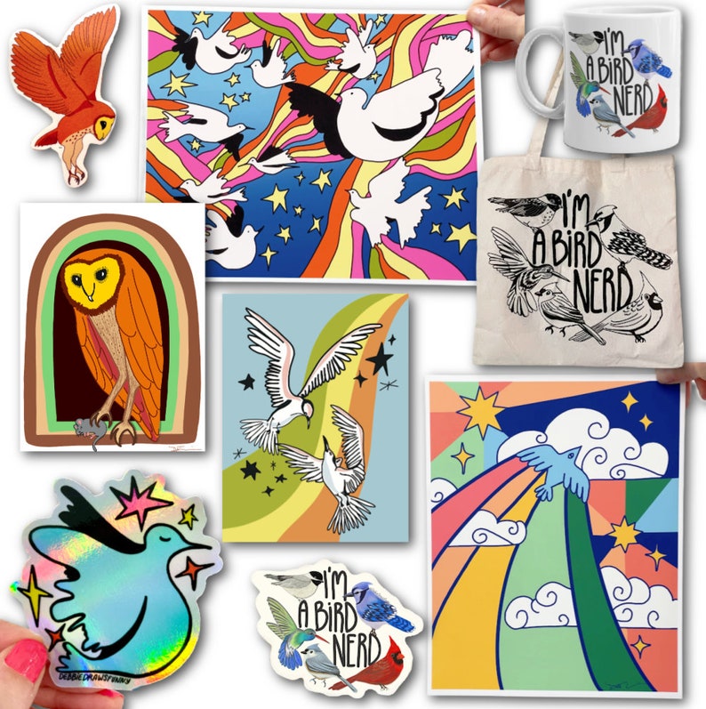 May include: A set of colorful bird-themed illustrations and stickers. The illustrations feature birds flying in a rainbow sky with stars. The stickers feature a blue bird with a rainbow, a brown owl, and a white dove. The set also includes a tote bag with the text "I'm a bird nerd" and a mug with the same text.