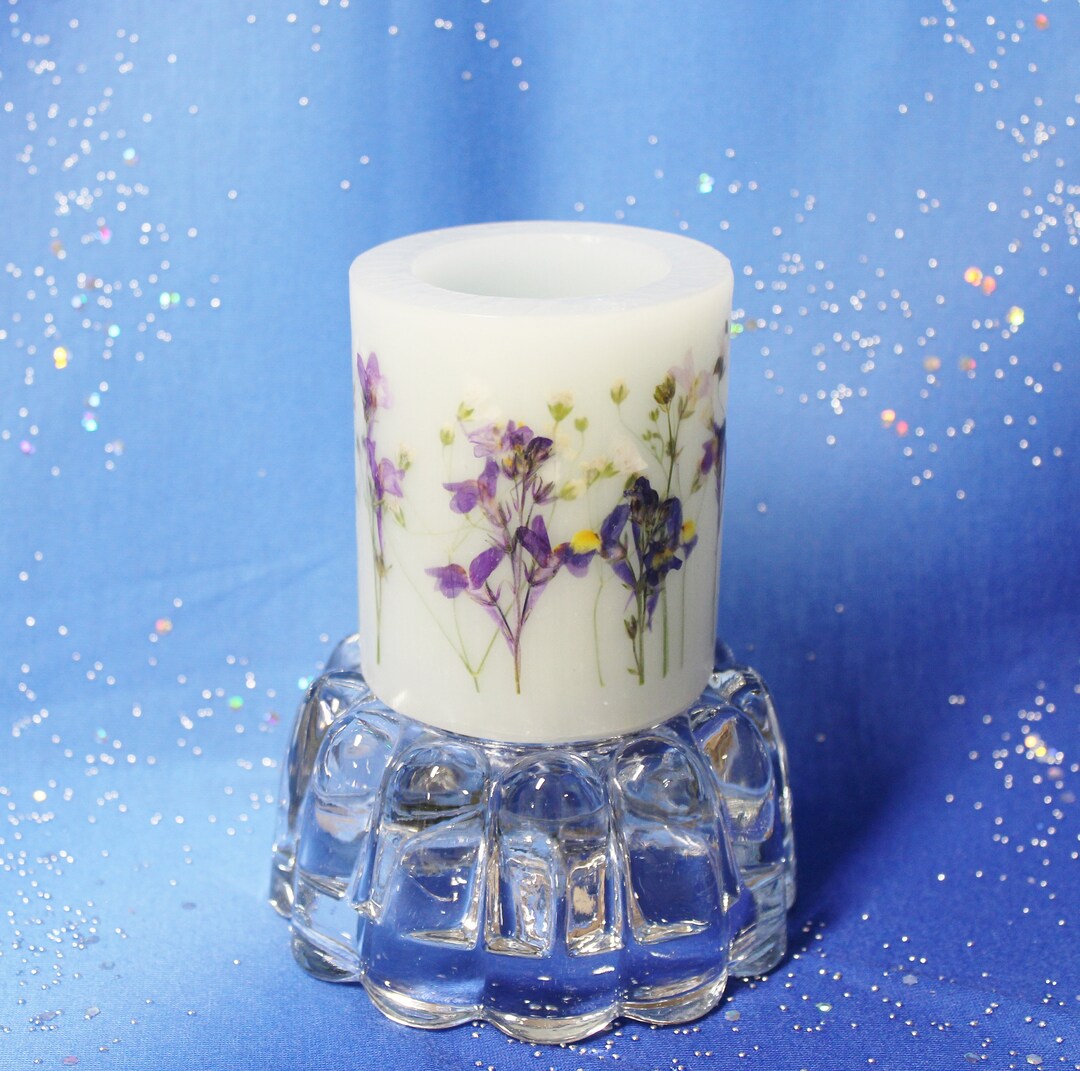 Pressed Flower Hurricane Candle/ Light Blue Wax/ Luminary Etsy