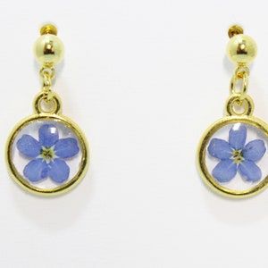 Pressed Flower Jewelry/Forget Me Not Bloom/ Gold Round Resin Earrings/ Real Flower Jewelry Made In Montana