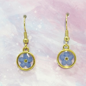 Dainty Pressed Flower Jewelry/Forget Me Not Bloom/ Gold Round Resin Earrings/ Real Flower Jewelry Made In Montana