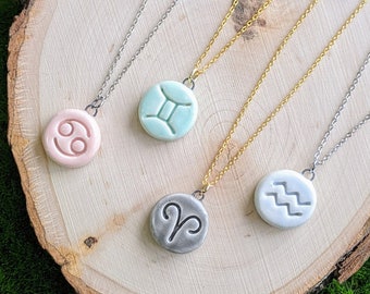 Tiny dainty handmade ceramic Zodiac Astrology Horoscope charm pendant - Aquarius, Aries, Cancer, Gemini