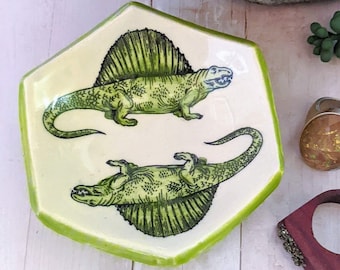 Hexagon Chartreuse Green Dimetrodon Dinosaur Handmade Ceramic Pottery Jewelry Dish, Tooth Fairy Dish, Tea Bag Holder