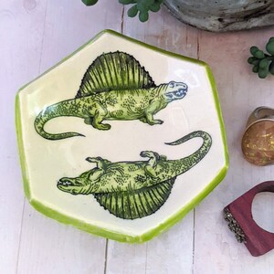 Hexagon Chartreuse Green Dimetrodon Dinosaur Handmade Ceramic Pottery Jewelry Dish, Tooth Fairy Dish, Tea Bag Holder image 1